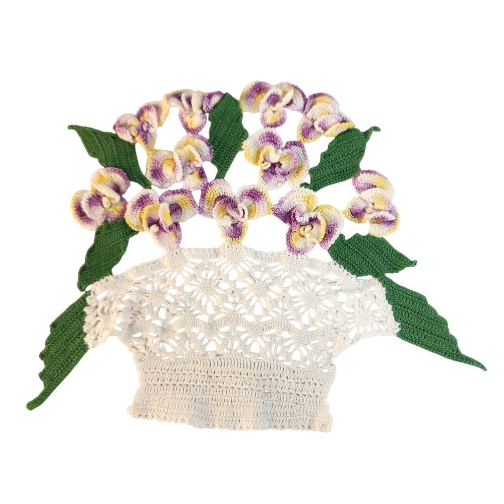 Handcrafted Crochet Floral Wall Décor Vase With Purple & Yellow Flowers And Gree